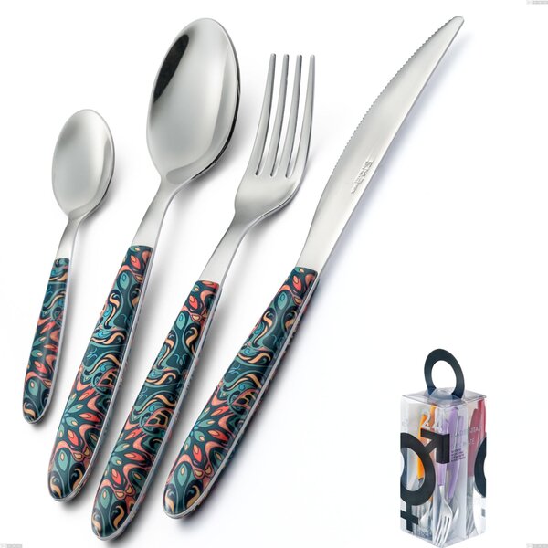 You&Me 24 Pieces Cutlery Set Real Damascus, 18.0 Nickel Free Steel, PBT Sublimated Handle Polished Steel Name: Real Damascus