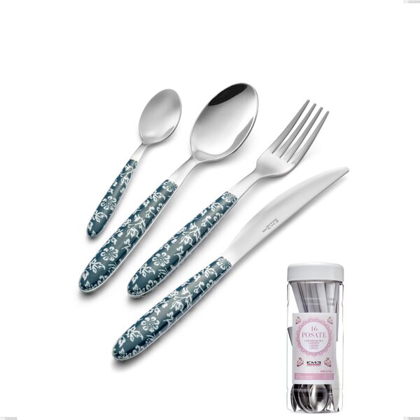 French Jar Packaging 16 Pieces Cutlery Set Vero Flowers, 18.0 Nickel Free Steel, PBT Sublimated Polished Steel Handle