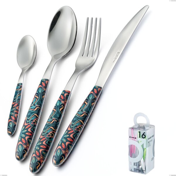 You&Me 16 Pieces True Damascus, 18.0 Stainless Steel Nickel Free, Sublimated PBT Handle Polished Steel Cutlery Set