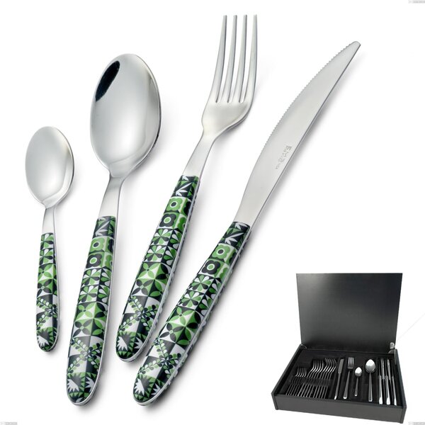 24-Piece Vero Icon Cutlery Set in Real Wood Case, 18.0 Nickel-Free Steel, PBT Sublimated Polished Steel Handle
