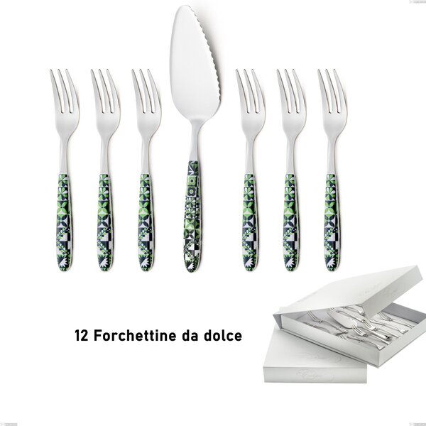 Set of 13 dessert cutlery, small forks and cake server Vero Icon in a book-style box, 18.0 stainless steel nickel free, PBT handle with sublimated shiny steel