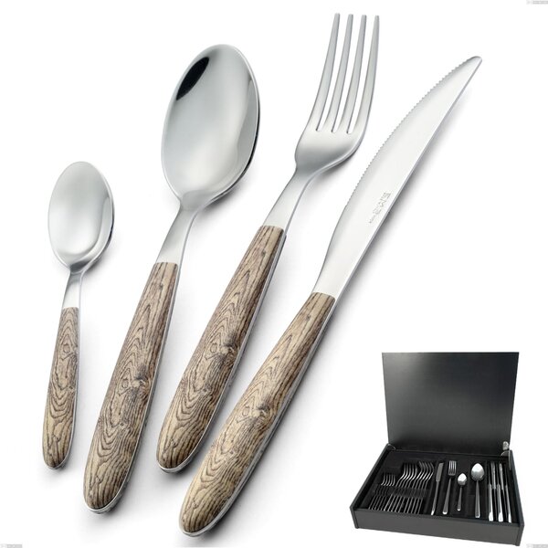 24 Piece Cutlery Set in Real Larch Wood Case, 18.0 Nickel Free Steel, Sublimated PBT Handle Polished Steel Name: Vero Larice
