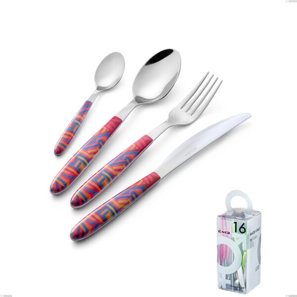You&Me 16 Pieces Vero Linear, 18.0 Stainless Steel Nickel Free, PBT Sublimated Handle Polished Steel Cutlery Set