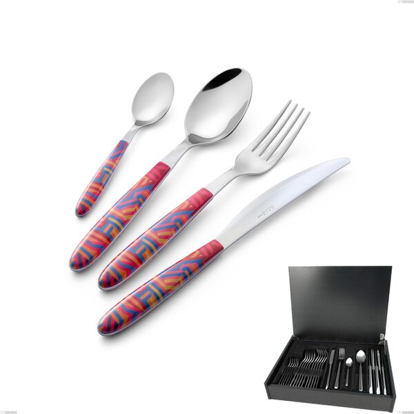 24-Piece Vero Linear Cutlery Set in Real Wood Case, 18.0 Nickel-Free Stainless Steel, PBT Sublimated Polished Steel Handle