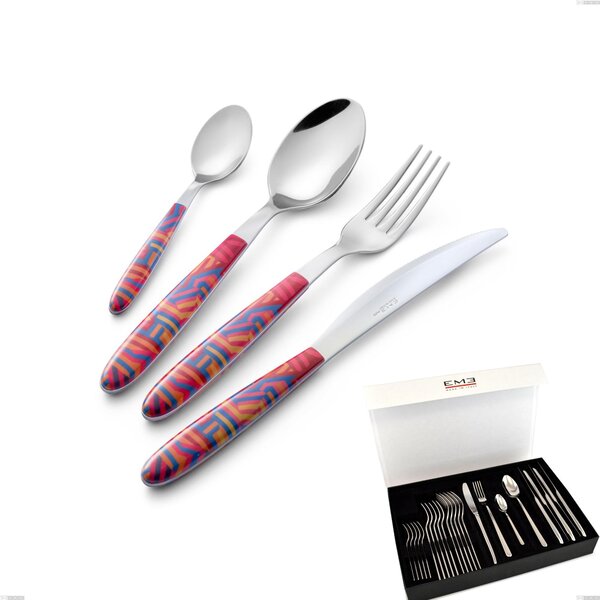Vero Linear 24-piece cutlery set in panoramic packaging with book-style closure, 18.0 nickel-free steel, PBT sublimated polished steel handle
