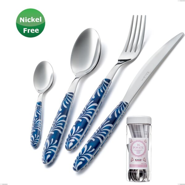French Jar Packaging Vero Mediterraneo Blu 28 Cutlery Set 16 Pieces, Stainless Steel 18/0, 2.50 mm Thickness