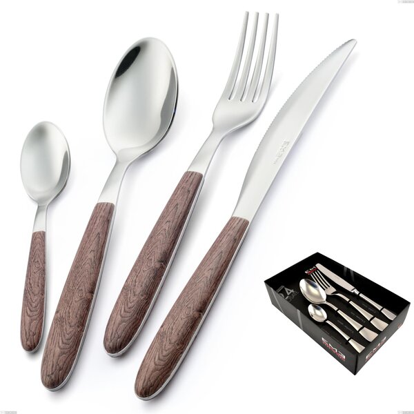 24 Piece Vero Noce Cutlery Set in Display Case, 18.0 Stainless Steel Nickel Free, PBT Sublimated Handle with Polished Steel