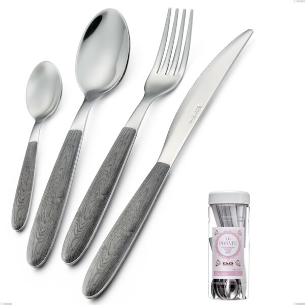 French Jar Packaging 16 Pieces Vero Olmo Grigio Cutlery, 18.0 Nickel Free Steel, PBT Sublimated Polished Steel Handle