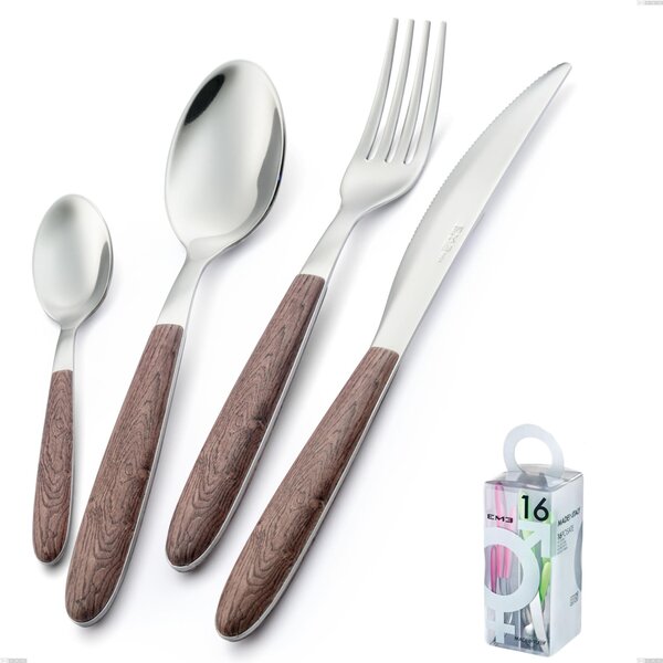 You&Me 16 Pieces True Walnut, 18.0 Nickel Free Steel, PBT Sublimated Handle Polished Steel Cutlery Set