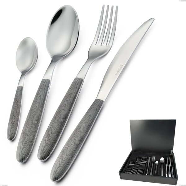 24-Piece Cutlery Set in Grey Elm Wood Case, 18.0 Nickel-Free Steel, Sublimated PBT Polished Steel Handle, Vero Olmo Grigio