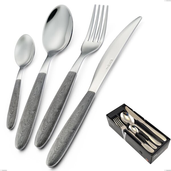 24-Piece Vero Olmo Grigio Cutlery Set in Space-Saving Packaging, 18.0 Nickel-Free Stainless Steel, PBT Sublimated Polished Steel Handle