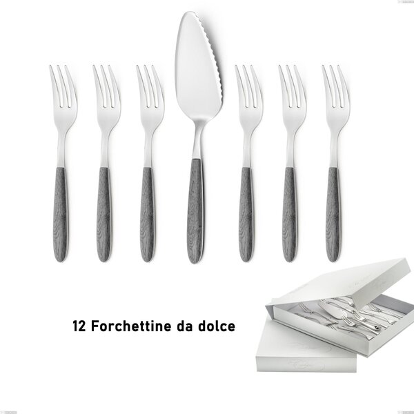 Set of 13 dessert cutlery, small forks and dessert spatula in true grey elm with book-style packaging, 18.0 nickel-free stainless steel, PBT handle with sublimated polished steel, named Vero Olmo Grigio