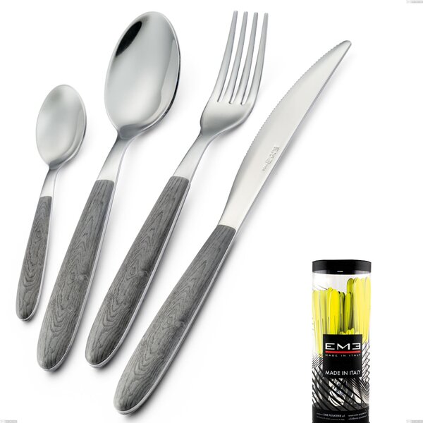 Cylinder packaging cutlery set 24 pieces Vero Olmo Grigio, stainless steel 18.0 nickel free, PBT sublimated handle polished steel