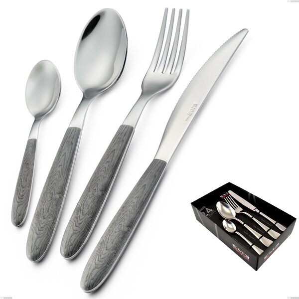 24-Piece Vero Olmo Grigio Cutlery Set in Showcase Packaging, 18.0 Nickel-Free Stainless Steel, PBT Sublimated Polished Steel Handle