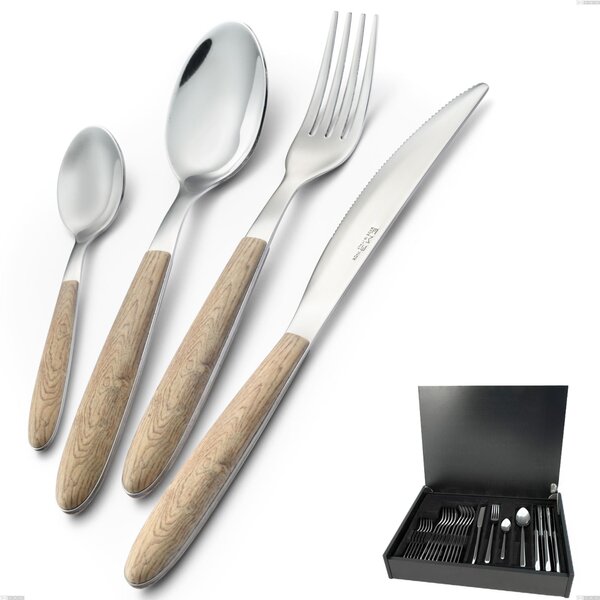 24 Piece Cutlery Set in Real Pine Wood Case, 18.0 Nickel Free Steel, Sublimated PBT Handle with Polished Steel, Vero Pino