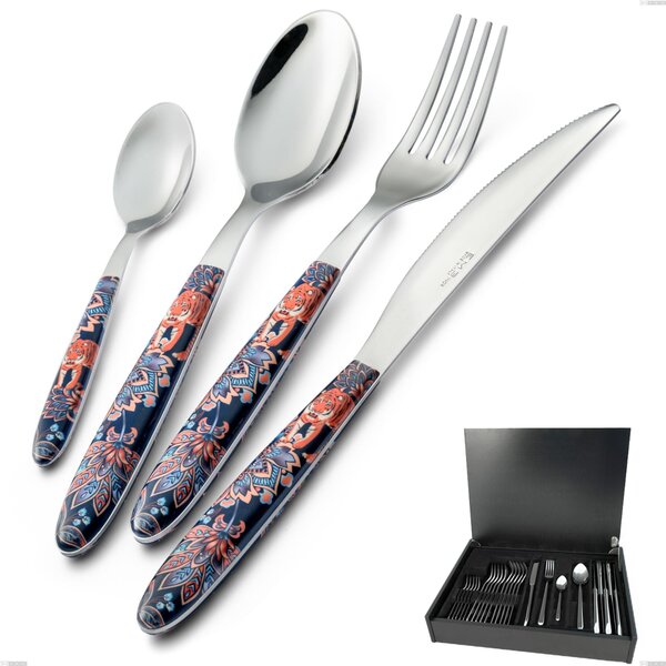 24-Piece Vero Pechino Cutlery Set in Real Wood Case, 18.0 Steel, Sublimated PBT Handle with Polished Steel