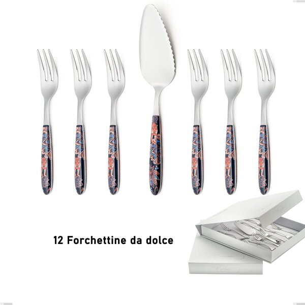 13-Piece Dessert Cutlery Set, Small Forks and Cake Spatula Vero Pechino in Book-Style Box, 18.0 Steel, Sublimated PBT Handle with Polished Steel