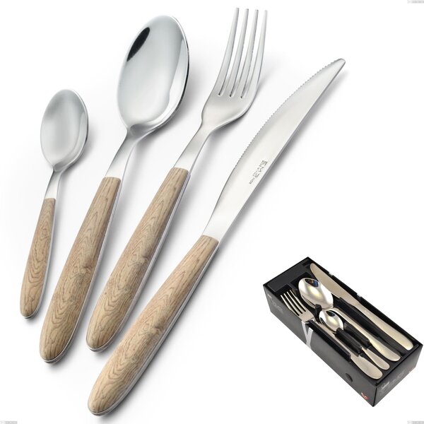 Real Pine 24-Piece Cutlery Set in Space-Saving Packaging, 18.0 Nickel-Free Steel, PBT Sublimated Polished Steel Handle - Vero Pino