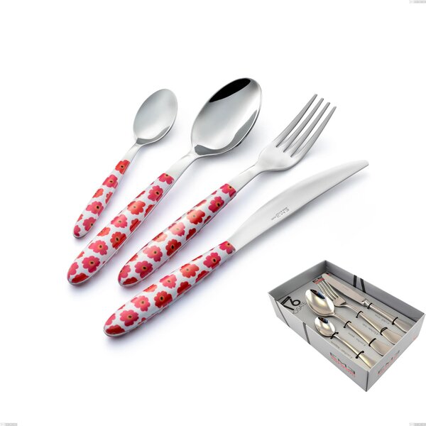 Vero Poppy 16-Piece Cutlery Set in Display Box, 18.0 Nickel-Free Stainless Steel, PBT Sublimated Polished Steel Handle