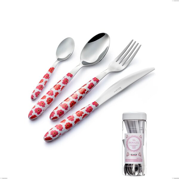 French Jar Packaging 16 Pieces Vero Poppy Cutlery Set, 18.0 Nickel Free Steel, PBT Sublimated Handle Polished Steel