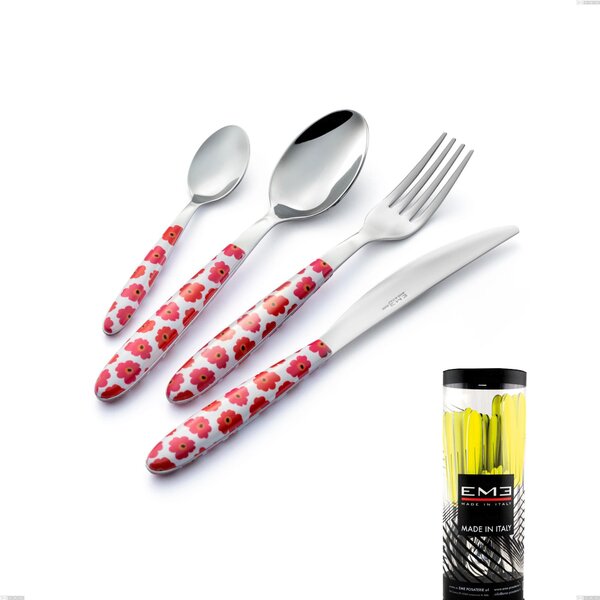 Cylinder packaging cutlery set 24 pieces Vero poppy, stainless steel 18.0 nickel free, PBT handle with sublimated polished steel