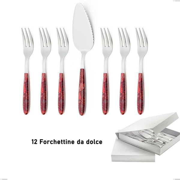 Set of 13 Dessert Cutlery, Small Forks and Cake Server Vero Samarcanda in Book-style Box, 18.0 Nickel-Free Steel, PBT Sublimated Handle with Polished Steel