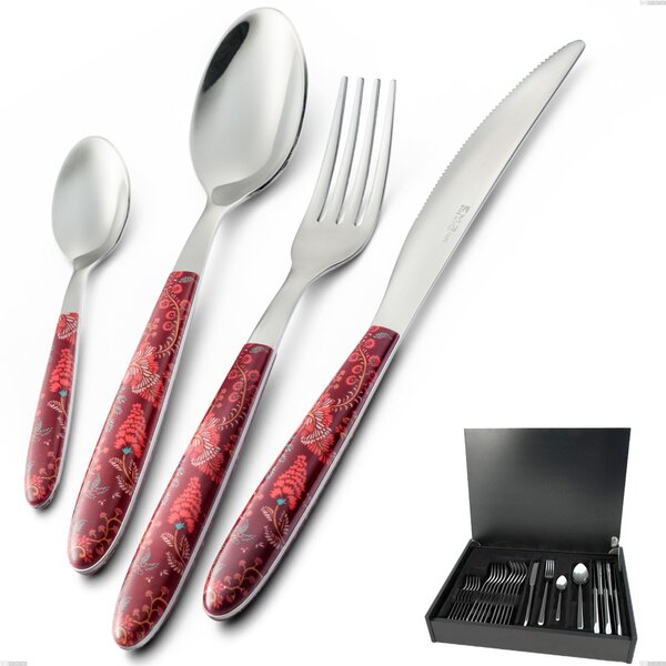 24-Piece Vero Samarcanda Cutlery Set in Real Wood Case, Nickel-Free 18.0 Steel, Sublimated PBT Handle with Polished Steel