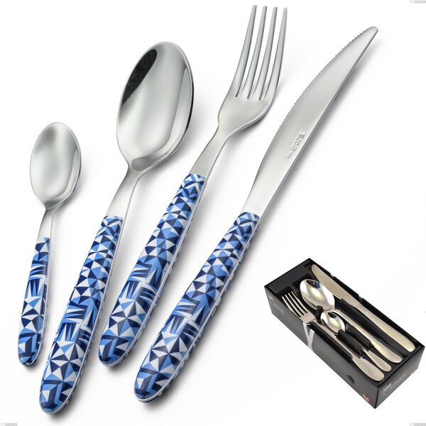Vero Triangle 24-Piece Cutlery Set in Space-Saving Packaging, 18.0 Nickel-Free Steel, PBT Handle with Sublimated Polished Steel