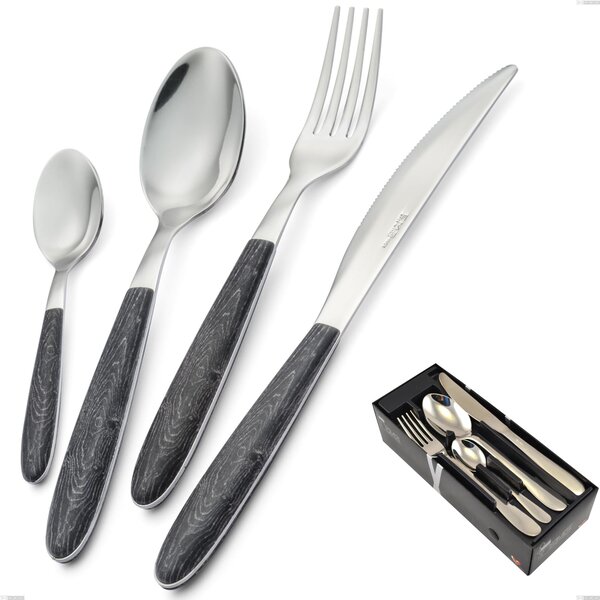 24-Piece Vero Wenge Cutlery Set in Space-Saving Packaging, 18.0 Nickel-Free Steel, PBT Sublimated Polished Steel Handle