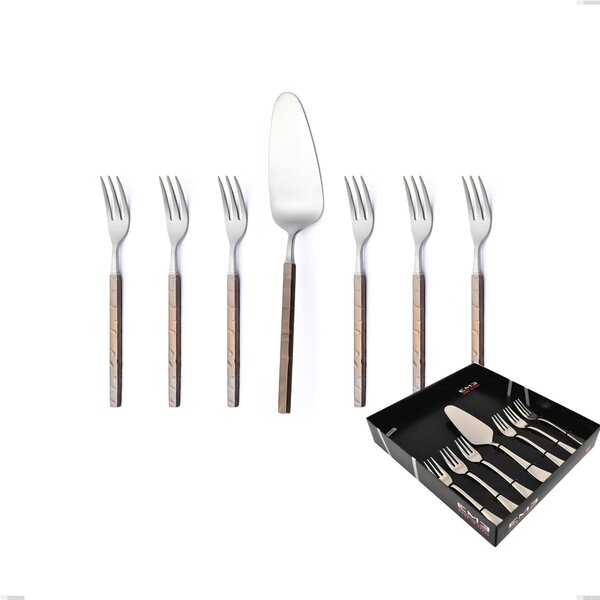 Set of 7 Zeus Fire Dessert Cutlery, Small Forks and Cake Server in Showcase Packaging, Forged Stainless Steel 18/10 (AISI 304)