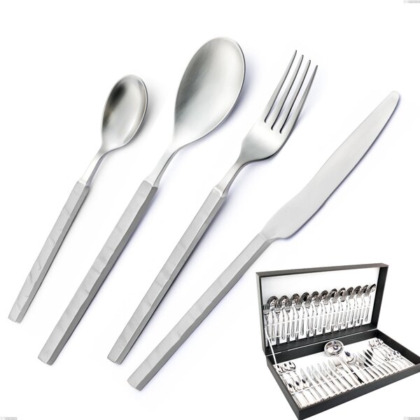Zeus ICE 51 Piece Cutlery Set in Canteen Box, 18/10 Sandblasted Hammered Forged Stainless Steel, 4mm Thickness, Forged
