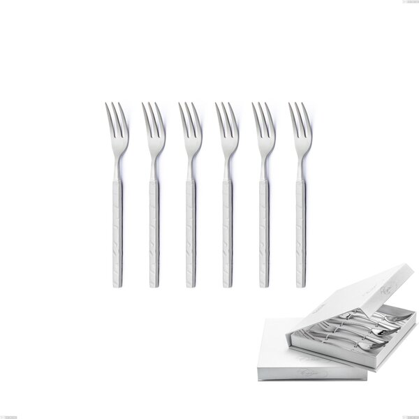 Set of 6 Zeus ICE Dessert Forks in Book-style Case, Forged 18/10 Hammered Sandblasted Stainless Steel, 4 mm Thickness, Forged