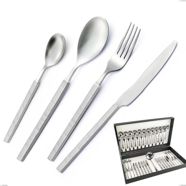 Zeus ICE 49-piece Cutlery Set in Canteen Box, 18/10 Forged Hammered Sandblasted Stainless Steel, 4mm Thickness