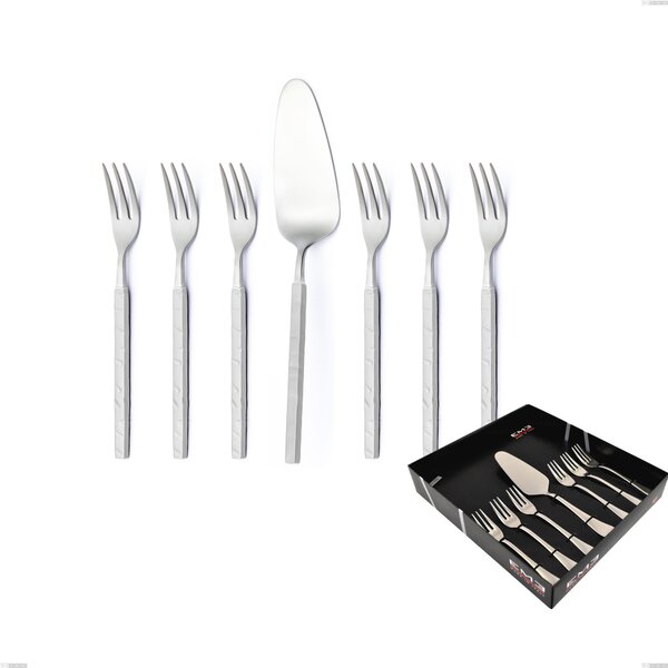 Set of 7 Dessert Cutlery, Small Forks plus Dessert Palette Zeus ICE in Showcase Packaging, Sandblasted Hammered Forged 18/10 Steel, 4 mm Thickness, Forged