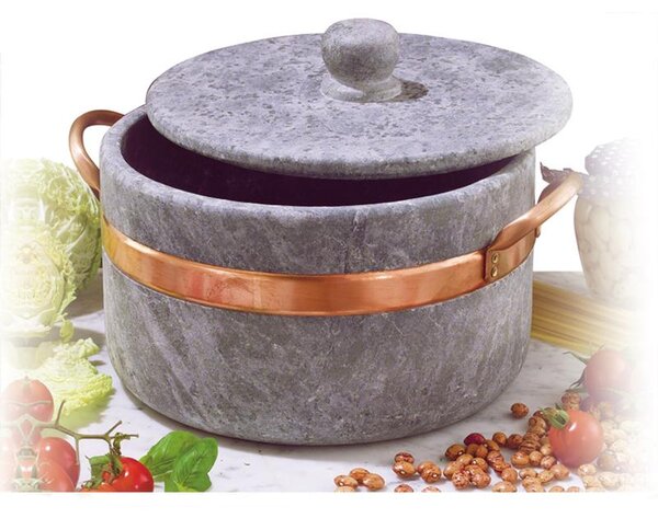 Soapstone Casserole Dish 27xh14.5 cm - 6.00 LT 2 Handles with Lid and Copper Rim Ideal for Cooking: Stews, Braised Dishes, Roasts