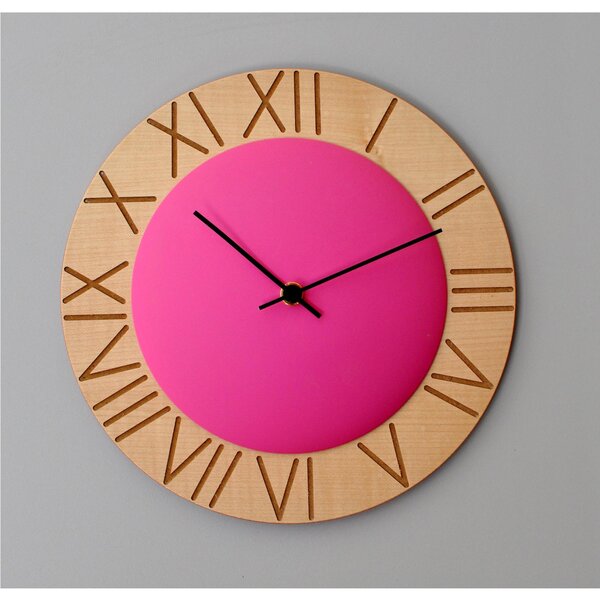 Ettore Round Wall Clock 26 cm in Beech with Coloured MDF Cap, Roman Numerals, Fuchsia Dial Colour