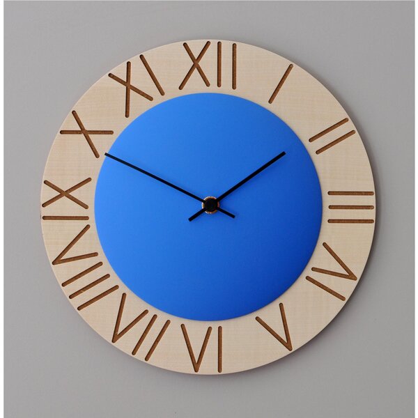Ettore Round Wall Clock 26 cm Diameter, Beech with Coloured MDF Cap, Roman Numerals, Blue Dial