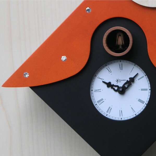 Otranto Cuckoo Clock 34x12xh34 cm, crafted with fine wood inlays, black-tinted birch case with rhinestones and orange roof