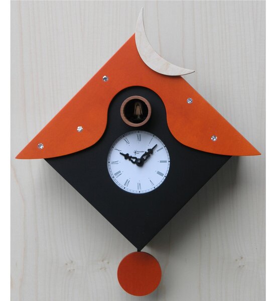 Otranto Cuckoo Clock 34x12xh34 cm, crafted with fine wood inlays, black-tinted birch case with rhinestones and orange roof