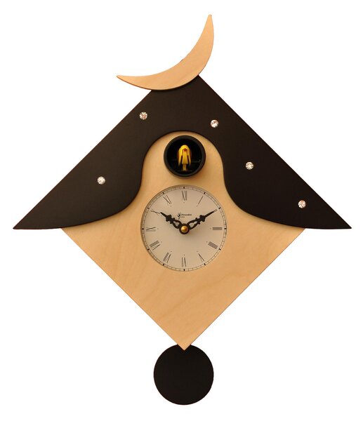 Cuckoo Clock Otranto 34x12xh34 cm, Clock Crafted with Fine Wood Inlays, Natural Birch Case with Rhinestones and Orange Roof