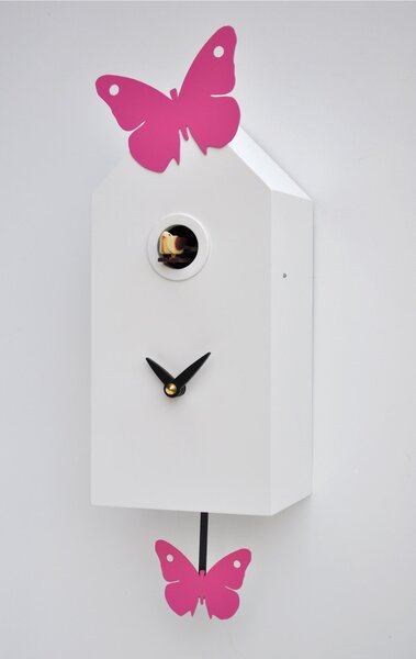 Wall Cuckoo Clock Farfalline 26x10xh12 cm, MDF Lacquered Case, Metal Butterflies with Magnetic Positioning
