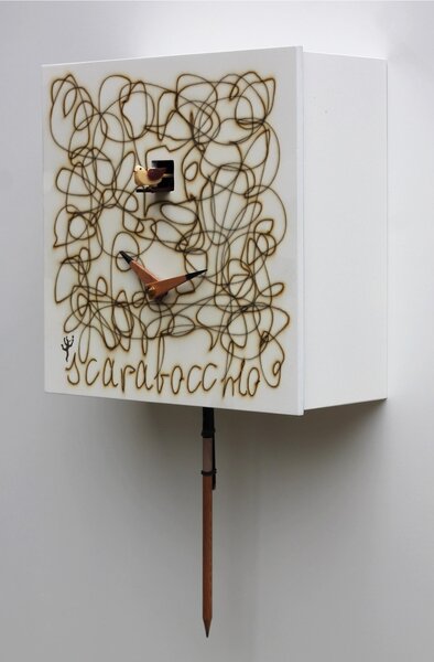 Wall Cuckoo Clock Scarabocchio 24.5x11xh24.5 cm, Lacquered MDF Case, Pencil-Shaped Pendulum RAL 9010