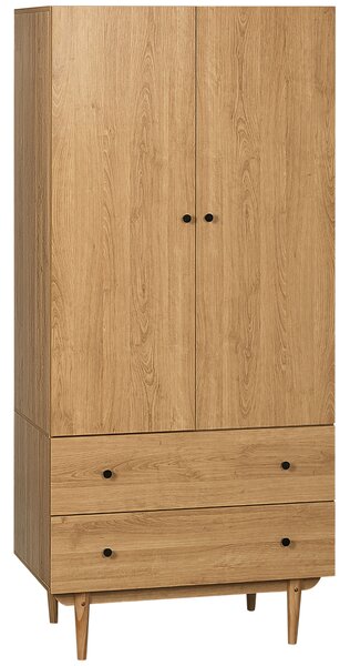 HOMCOM Wardrobe with 2 Doors, 2 Drawers, Hanging Rail for Bedroom Clothes Storage Organiser, 80x52x180cm, Natural Tone