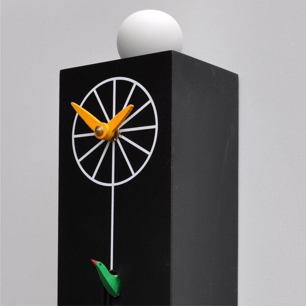 Wall or Freestanding Cuckoo Clock QQ Ziggurat 10.5x12xh38 cm, Lacquered MDF Case, Hand-Carved Black Wooden Bird