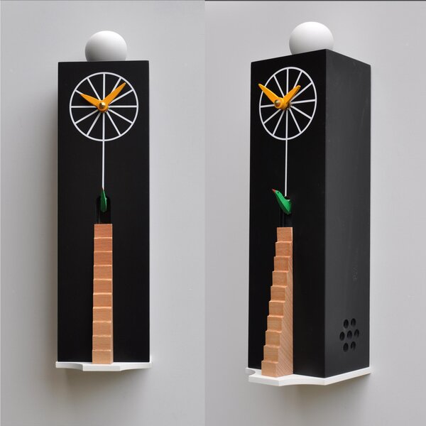 Wall or Freestanding Cuckoo Clock QQ Ziggurat 10.5x12xh38 cm, Lacquered MDF Case, Hand-Carved Black Wooden Bird