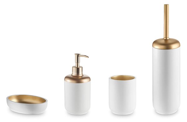 4-Piece White-Gold Resin Bathroom Set: Soap Dish, Tumbler, Dispenser, and Toilet Brush Holder - Basic