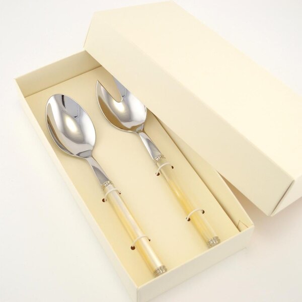 Two Piece Pearl Salad Set Comprising Salad Spoon and Serving Spoon 238 mm, with Acrylic Handle Featuring Double Turned Ring, in a Box with Serigraphed Name Bomboniere Eme