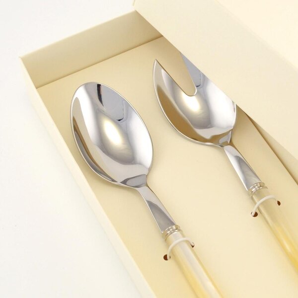 Two Piece Pearl Salad Set Comprising Salad Spoon and Serving Spoon 238 mm, with Acrylic Handle Featuring Double Turned Ring, in a Box with Serigraphed Name Bomboniere Eme