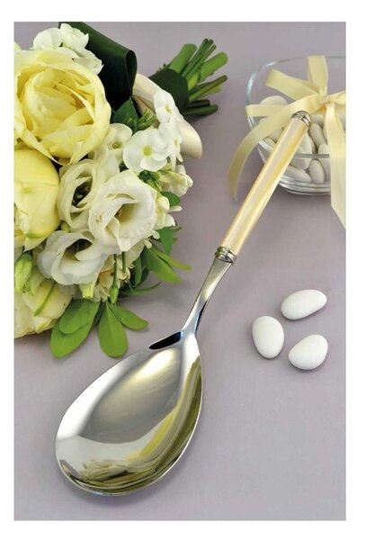 Pearl Line Rice Scoop Packaging CB1280LN-PE13 Length 275 mm with Acrylic Handle and Double Turned Ring, in Boxed Bonbonniere with Screen Printed Name: Bomboniere Eme Cutlery