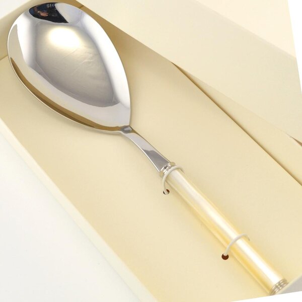 Pearl Line Rice Scoop Packaging CB1280LN-PE13 Length 275 mm with Acrylic Handle and Double Turned Ring, in Boxed Bonbonniere with Screen Printed Name: Bomboniere Eme Cutlery
